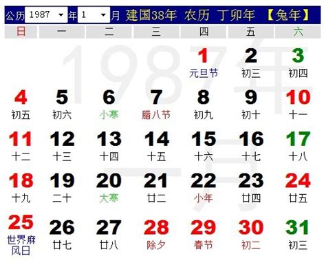 1987 天干地支|1987年日历带农历表，1987兔年阴阳历对照表，1987年每日天干。